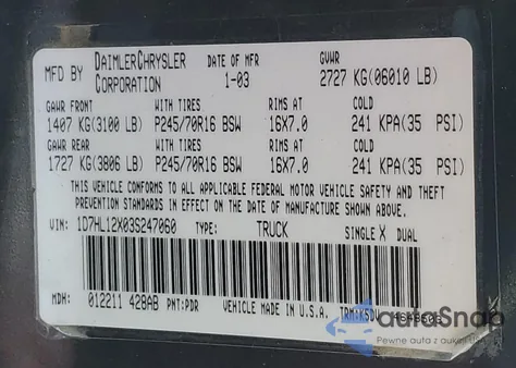 2003 Dodge Dakota Sxt из США, поврежденный, VIN 1D7HL12X03S247060